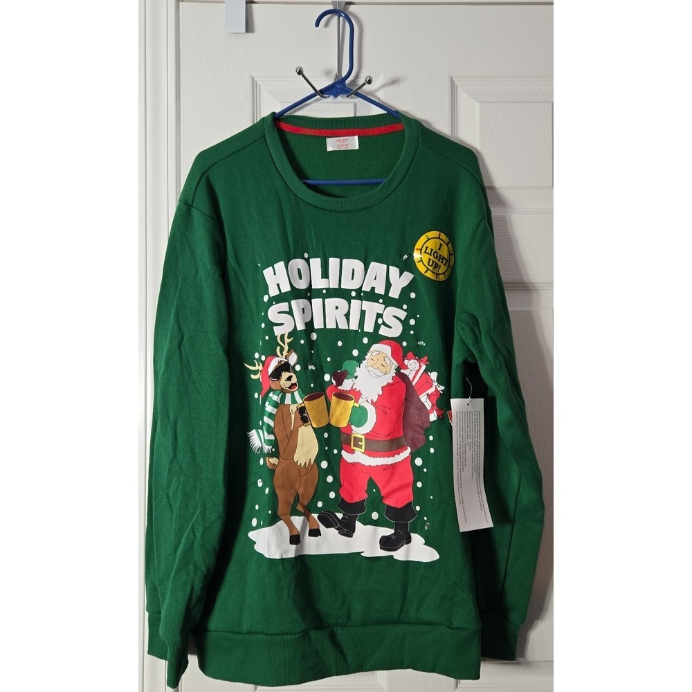 Holiday Time Mens NWT Christmas Sweatshirt Size XL (46-48). Green‎ I Light Up